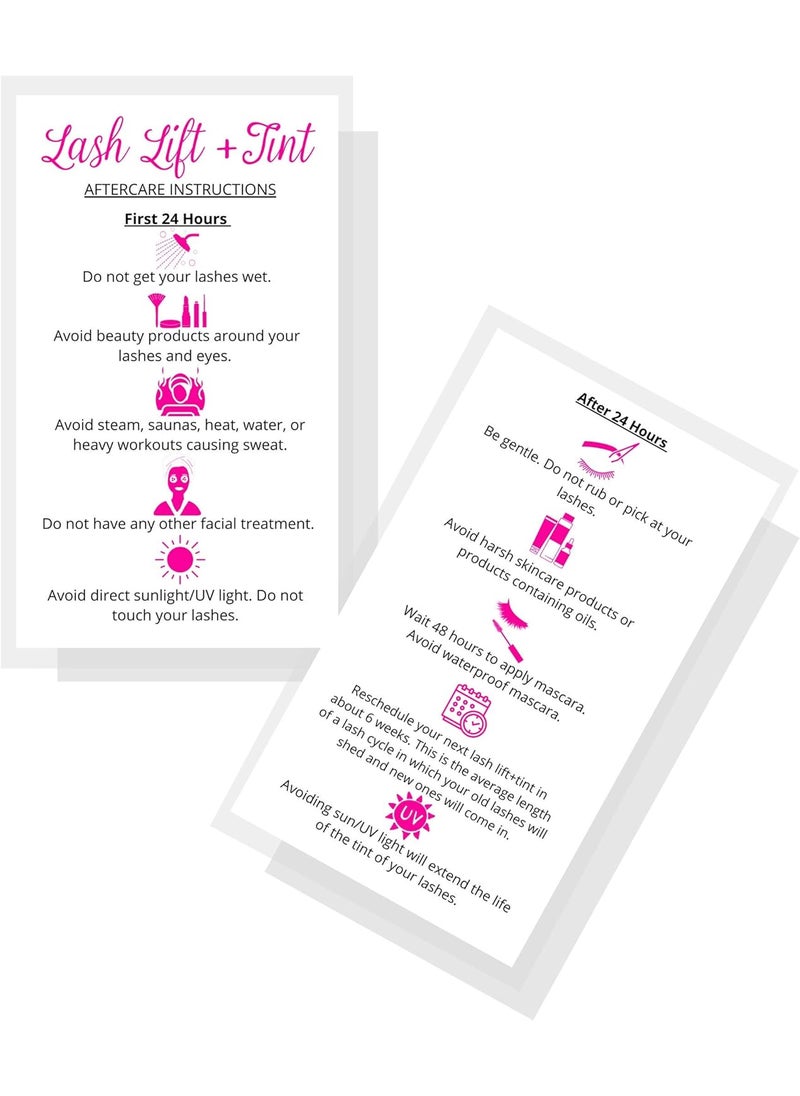 Boutique Marketing LLC Lash Lift  Tint Aftercare Instruction Cards  50 Pack  2 x 35 inches Business Card Size  Eyelash Lift and Tint Kit at Home DIY aftercare Supplies  White with Pink Icon Design 