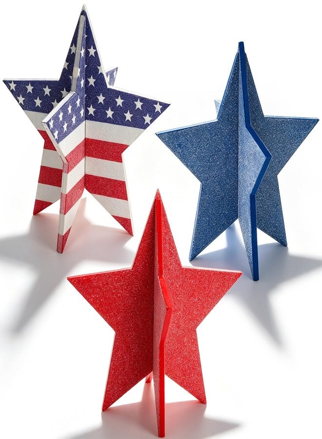 Ynaquest 4th of July Wooden Star Signs, 3D Red White Blue Star Table Decor Glitter Patriotic Star Table Centerpieces for Independence Day Memorial Day Labor Day Tiered Tray Signs Americana Home Office Desk Shelf - Image 1