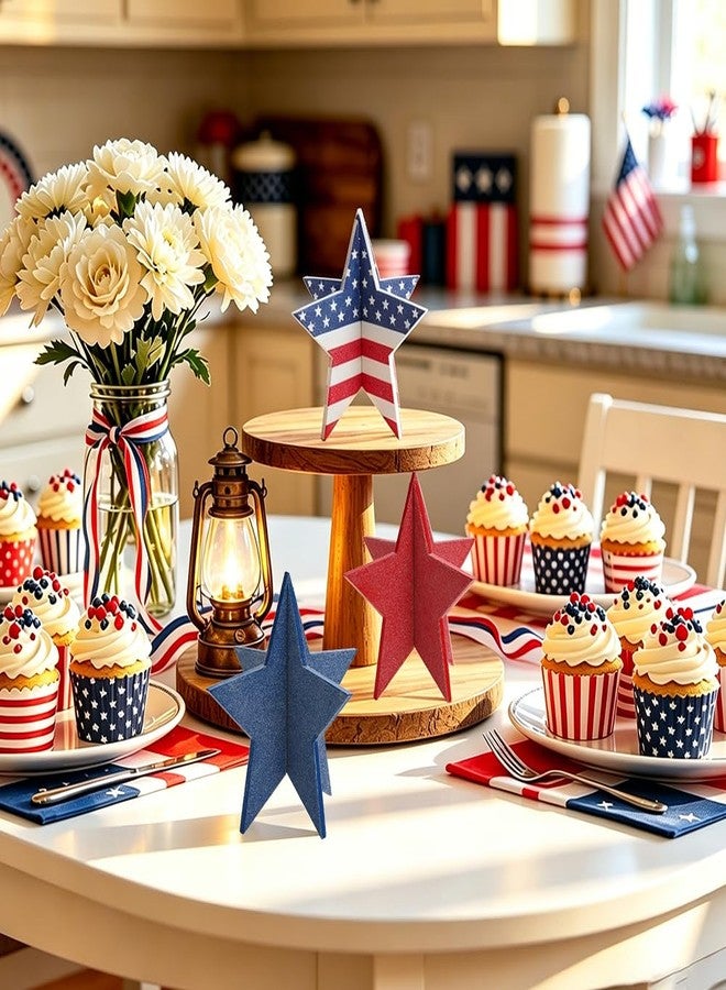 Ynaquest 4th of July Wooden Star Signs, 3D Red White Blue Star Table Decor Glitter Patriotic Star Table Centerpieces for Independence Day Memorial Day Labor Day Tiered Tray Signs Americana Home Office Desk Shelf - Image 2