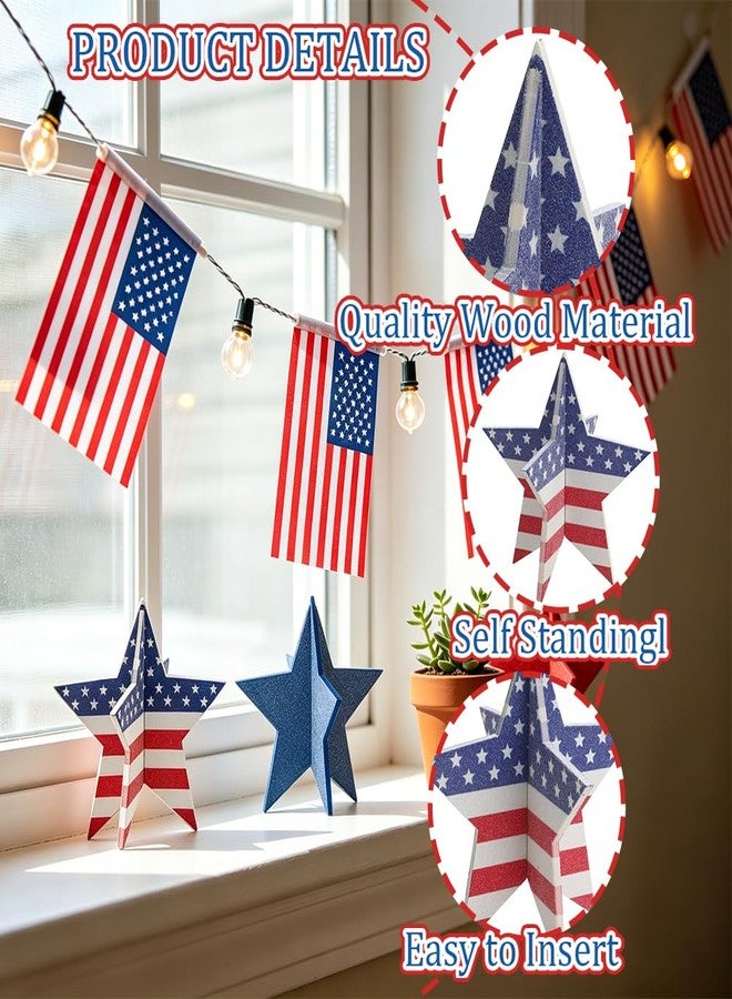 Ynaquest 4th of July Wooden Star Signs, 3D Red White Blue Star Table Decor Glitter Patriotic Star Table Centerpieces for Independence Day Memorial Day Labor Day Tiered Tray Signs Americana Home Office Desk Shelf - Image 5