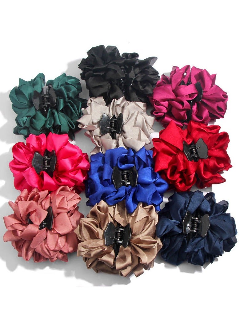Sky Shine 4 Pcs Multicolor Large Satin Flower Hair Claw Clips – Big Ruffled Fabric Floral Bun Holders for Women & Girls | Strong Grip, No-Slip Clamps for Thick, Long, Curly & Straight Hair - Image 2