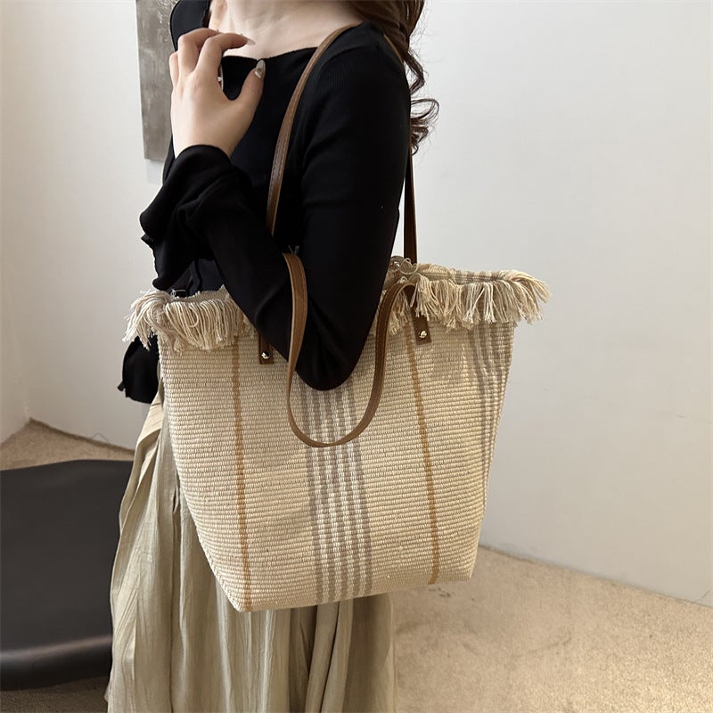 Commuter Canvas Tote Bag Fashionable Large Capacity Shoulder Tassel All-Match Woven Bag Canvas Bag - Image 4