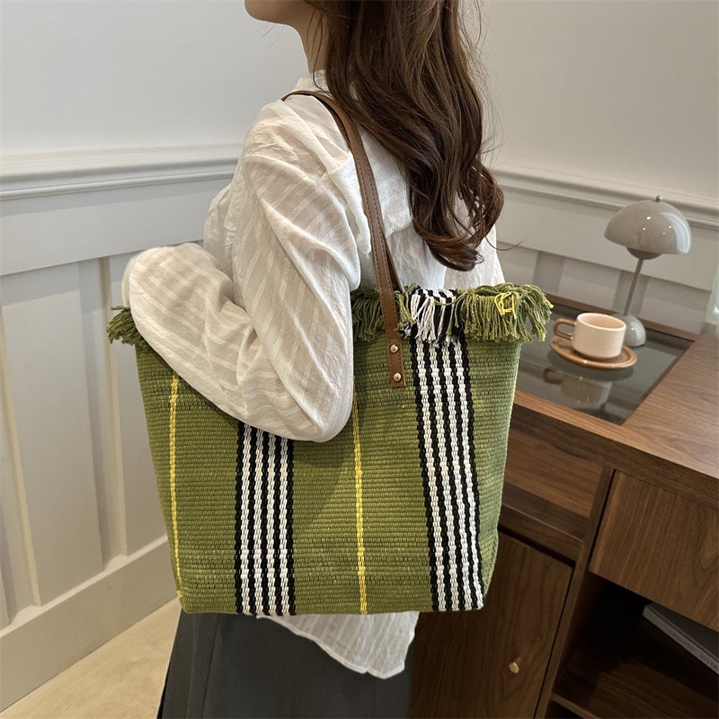 Commuter Canvas Tote Bag Fashionable Large Capacity Shoulder Tassel All-Match Woven Bag Canvas Bag - Image 5