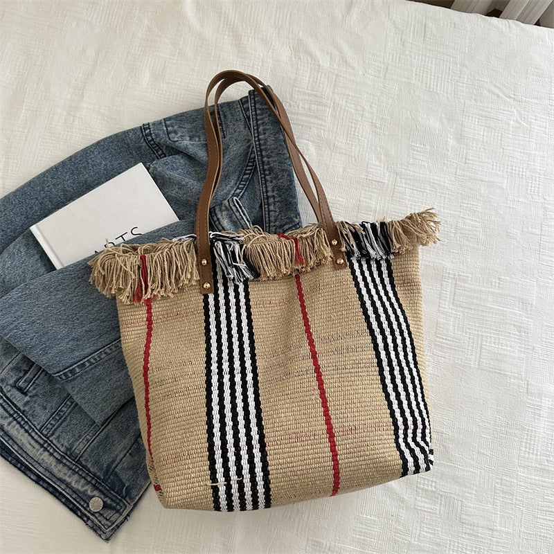 Commuter Canvas Tote Bag Fashionable Large Capacity Shoulder Tassel All-Match Woven Bag Canvas Bag - Image 1