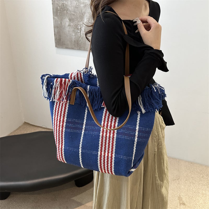 Commuter Canvas Tote Bag Fashionable Large Capacity Shoulder Tassel All-Match Woven Bag Canvas Bag - Image 3