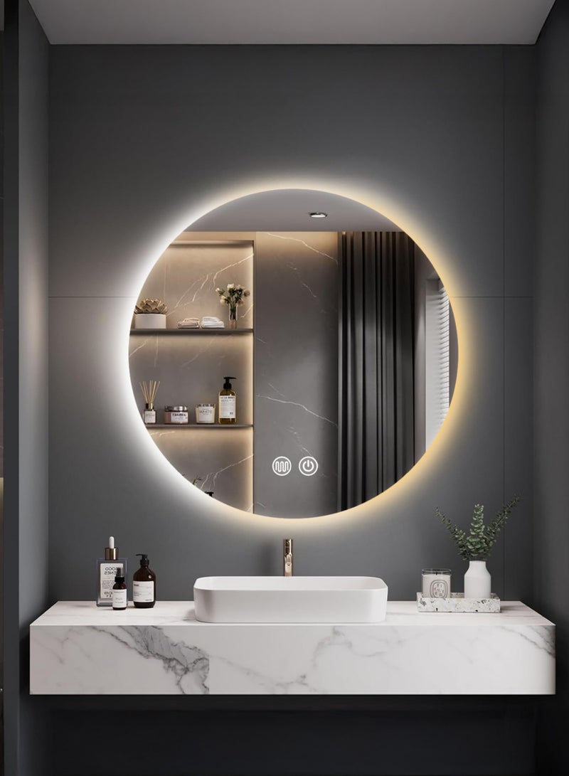WALALLA Large LED Light Bathroom Mirror, Round Illuminated Wall Mounted Vanity Mirror, Home Makeup Mirror with Anti-Fog, 3 Lighting Modes, Touch Button Backlit, Brightness Adjustment - Image 1