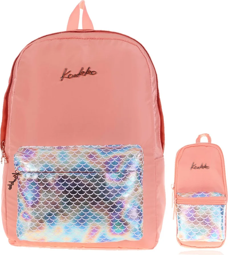 كاوكو Set of 2 Bright Scale-Salmon Backpack and Pen Bag