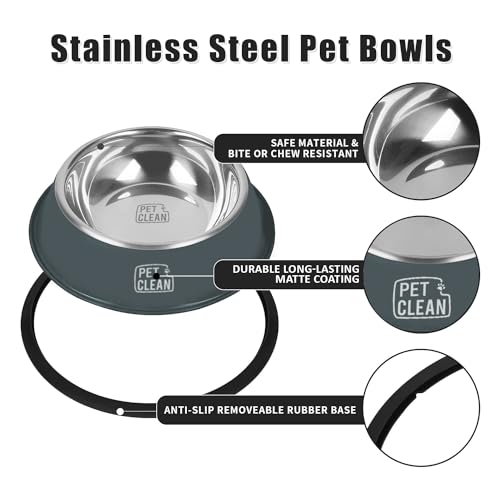 Pet Clean Stainless Steel Dog Bowl, Medium Dog Food Bowl with Rubber Base for Dogs & Cats, 700ml (Set of 2, Grey) - Image 2