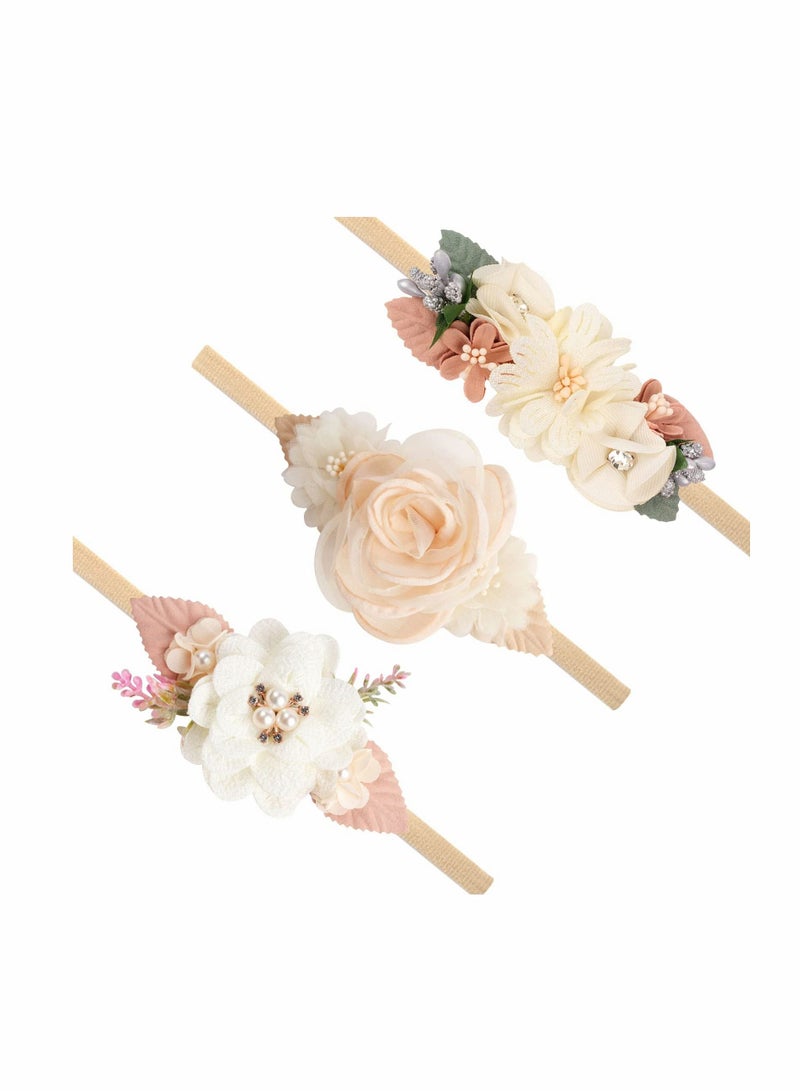 Excefore عصابة رأس من النايلون مزينة بالزهور، مجموعة من 3 عصابات رأس مزينة بالزهور للفتيات الصغيرات، رباط شعر مرن مصنوع يدويًا للرضع حديثي الولادة والرضع والفتيات - Image 1