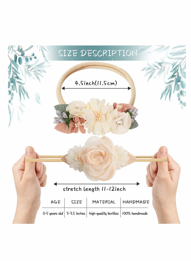 Excefore عصابة رأس من النايلون مزينة بالزهور، مجموعة من 3 عصابات رأس مزينة بالزهور للفتيات الصغيرات، رباط شعر مرن مصنوع يدويًا للرضع حديثي الولادة والرضع والفتيات - Image 3