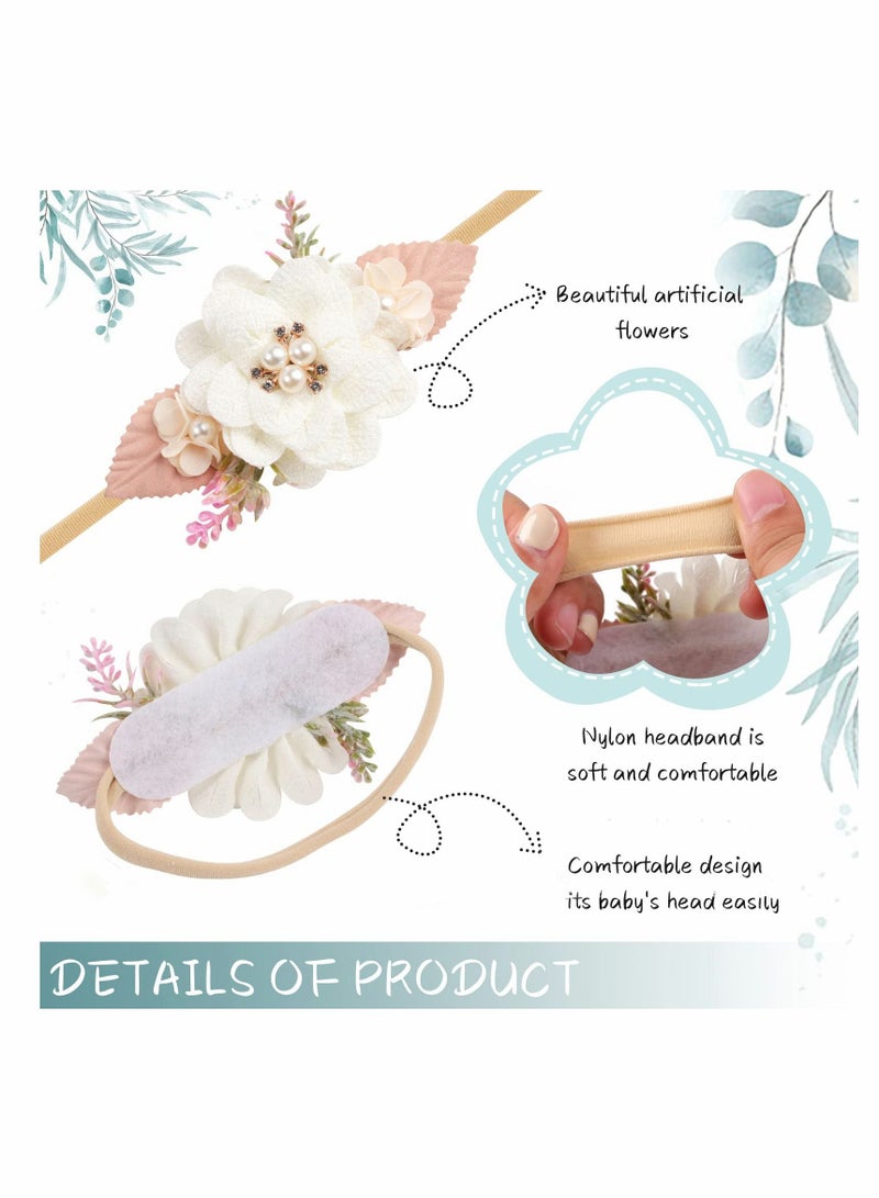 Excefore عصابة رأس من النايلون مزينة بالزهور، مجموعة من 3 عصابات رأس مزينة بالزهور للفتيات الصغيرات، رباط شعر مرن مصنوع يدويًا للرضع حديثي الولادة والرضع والفتيات - Image 4