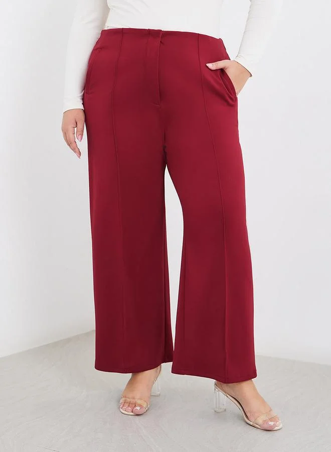 Styli Styli Plus Burgundy Wide Leg Pants with Pintuck Detail