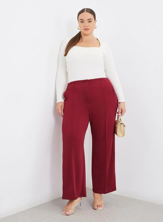Styli Styli Plus Burgundy Wide Leg Pants with Pintuck Detail