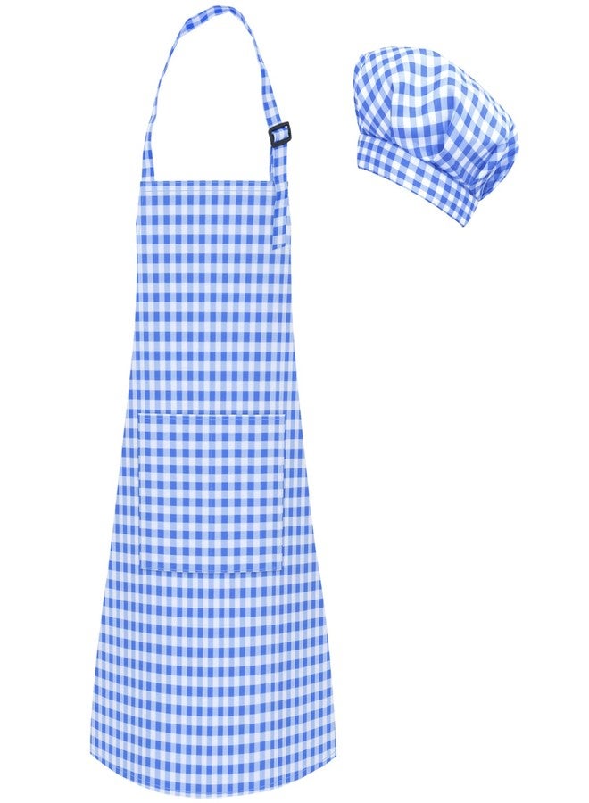 TOPWAYS Kids Apron and Chef Hat Set, Adjustable Check Child Chef Aprons with Pockets for Kids Painting Baking Cooking (Blue, L) - Image 1