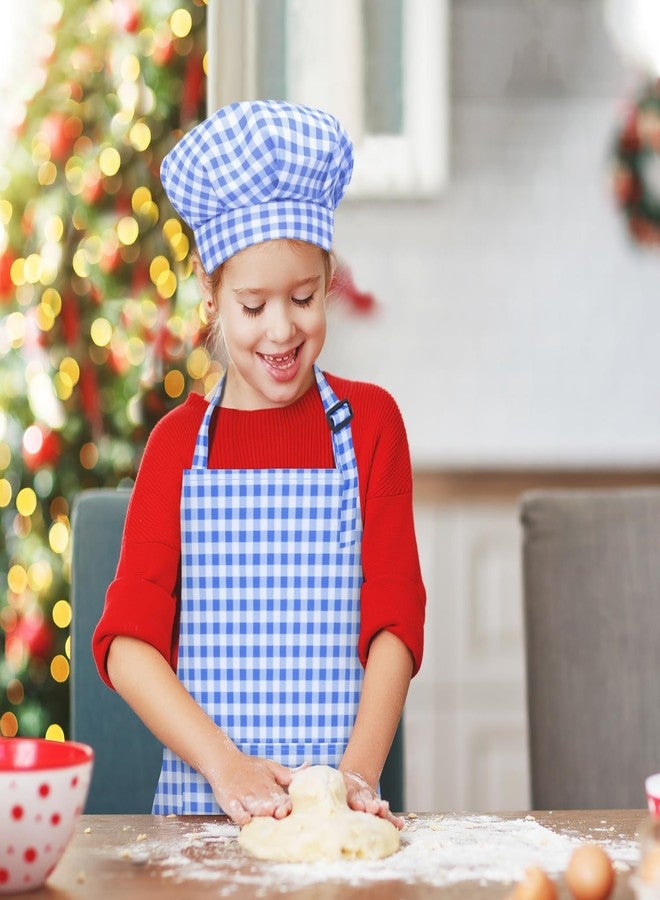 TOPWAYS Kids Apron and Chef Hat Set, Adjustable Check Child Chef Aprons with Pockets for Kids Painting Baking Cooking (Blue, L) - Image 2