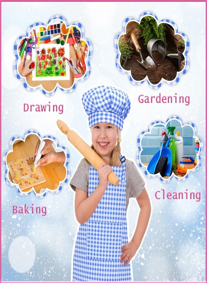 TOPWAYS Kids Apron and Chef Hat Set, Adjustable Check Child Chef Aprons with Pockets for Kids Painting Baking Cooking (Blue, L) - Image 4