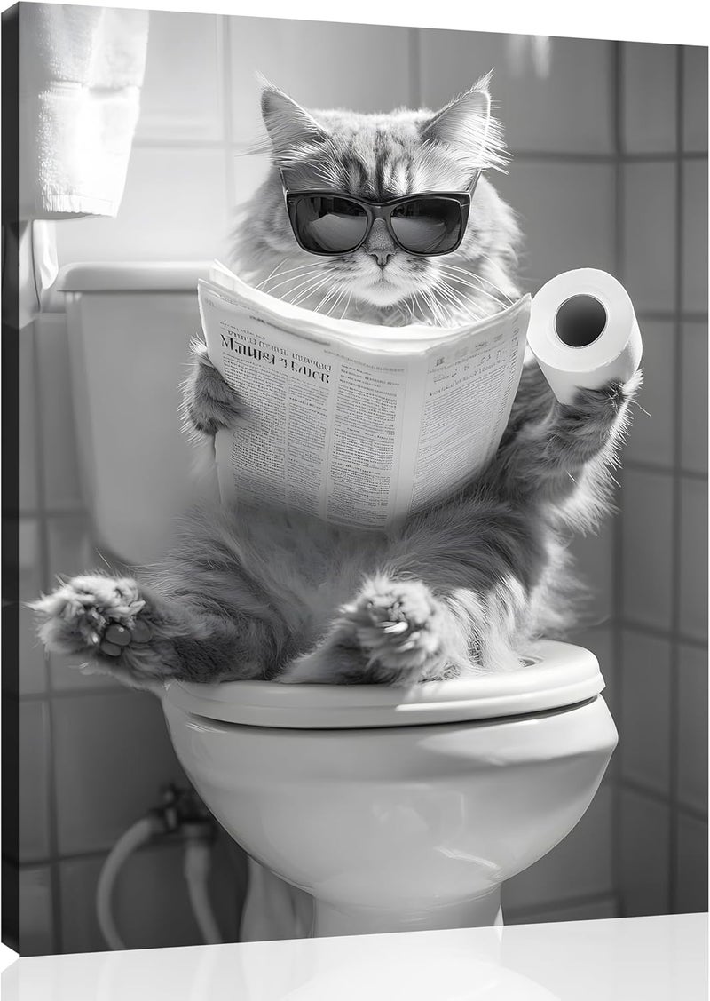 OWNANRTHM Funny Cat on Toilet Canvas Wall Art - Image 1