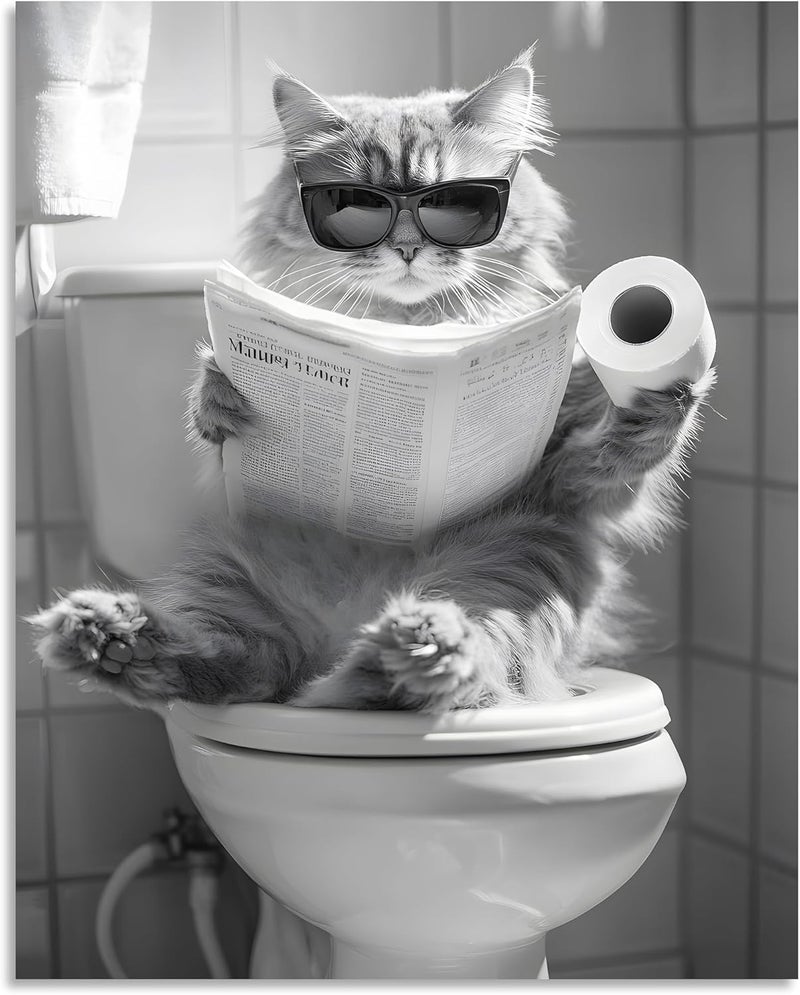 OWNANRTHM Funny Cat on Toilet Canvas Wall Art - Image 2