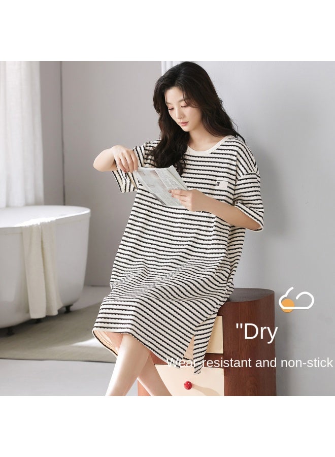 Top melon Casual Stripes For Outdoor Wear】women's Summer Thin Short-sleeved Pullover Nightgown, High-end Loungewear Home Dress - Image 1