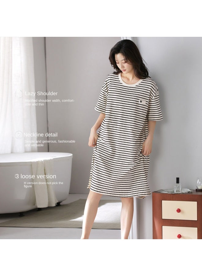Top melon Casual Stripes For Outdoor Wear】women's Summer Thin Short-sleeved Pullover Nightgown, High-end Loungewear Home Dress - Image 5