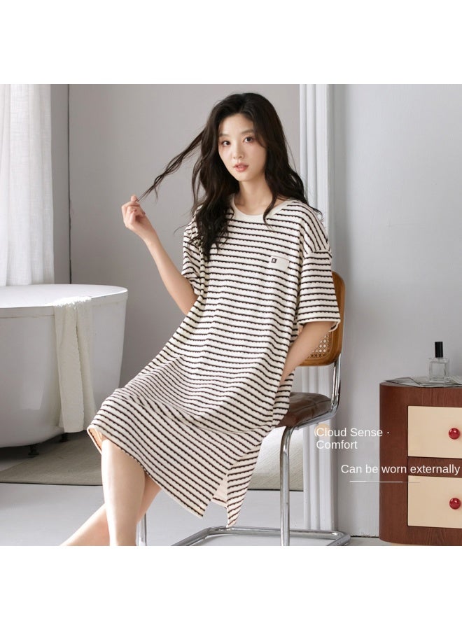Top melon Casual Stripes For Outdoor Wear】women's Summer Thin Short-sleeved Pullover Nightgown, High-end Loungewear Home Dress - Image 4