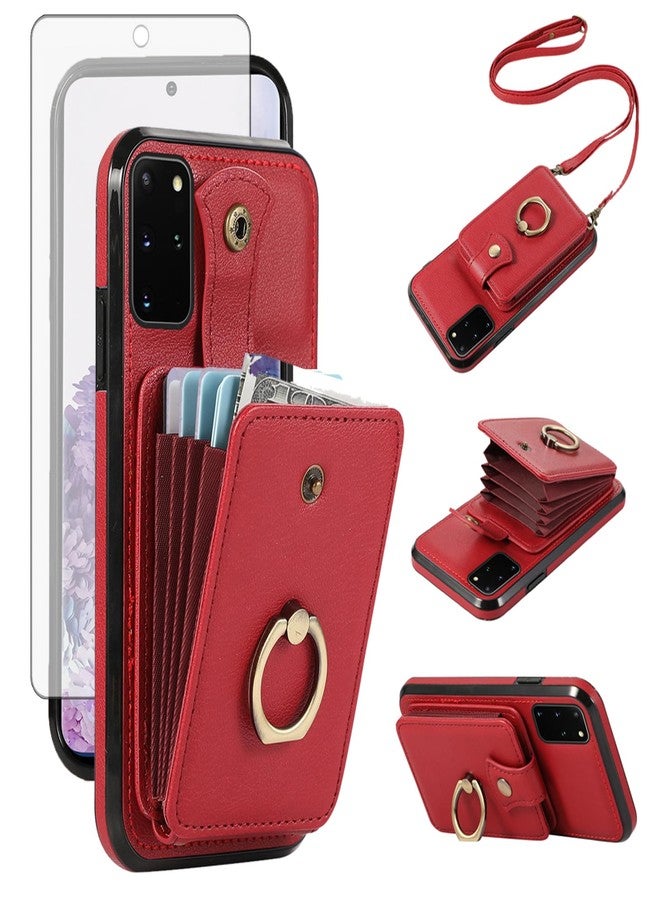 أسو ويش جراب هاتف Asuwish لهاتف سامسونج جالاكسي S20 FE 5G مقاس 6.5 بوصة، غطاء محفظة مع واقي شاشة، حزام كتف، حامل حلقي، حامل بطاقات ائتمان بتقنية RFID، S20 EF UW S20FE5G S20FE S2O إصدار المعجبين 4G G5 للنساء، أحمر - Image 1
