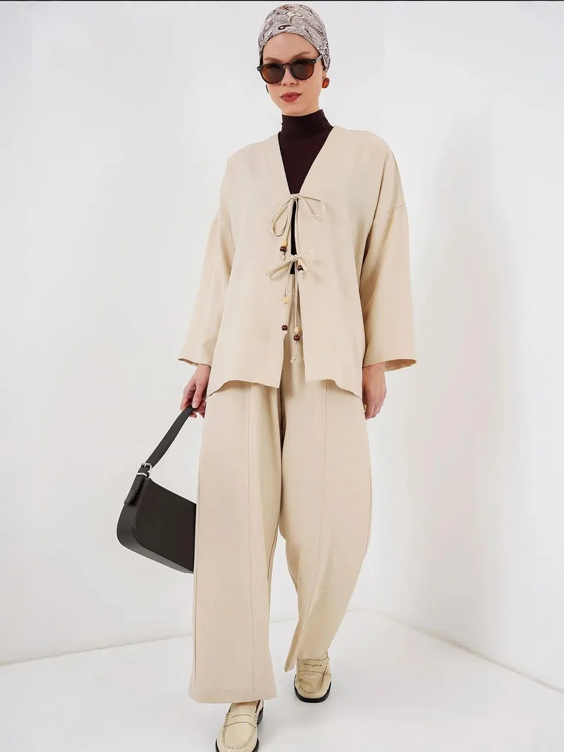 BIG DART BDART Linen Blend Binding Detailed Cardigan and Rib Detail Wide Leg Pants Set