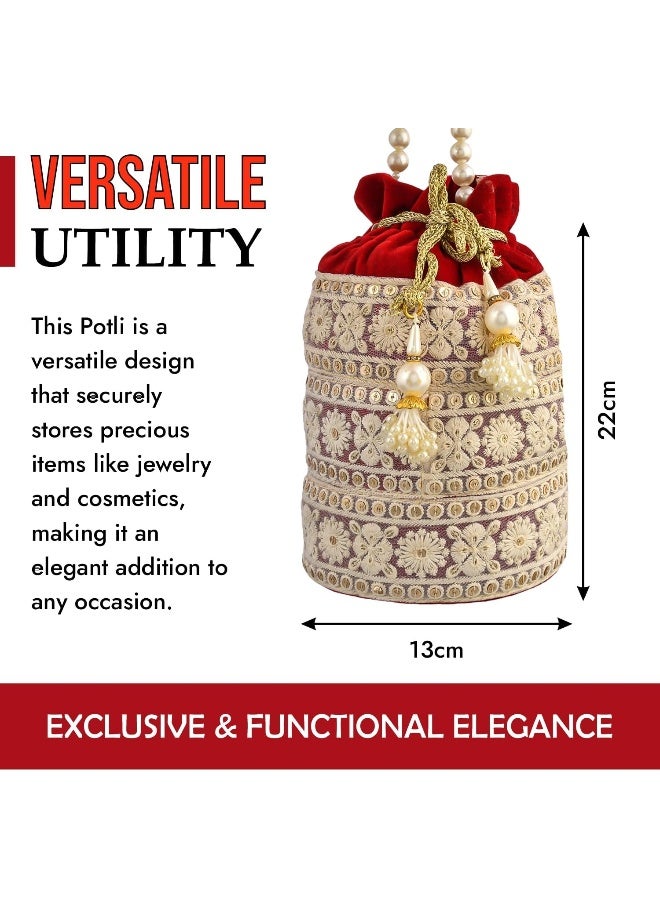 Kuber Industries Potli | Velvet Wedding Potli | Beads Handle Potli | Wallet Potli | Christmas Gift Potli | Baby Shower Potli | Embroidery Potli | Lucknowi Potli | Red - Image 3
