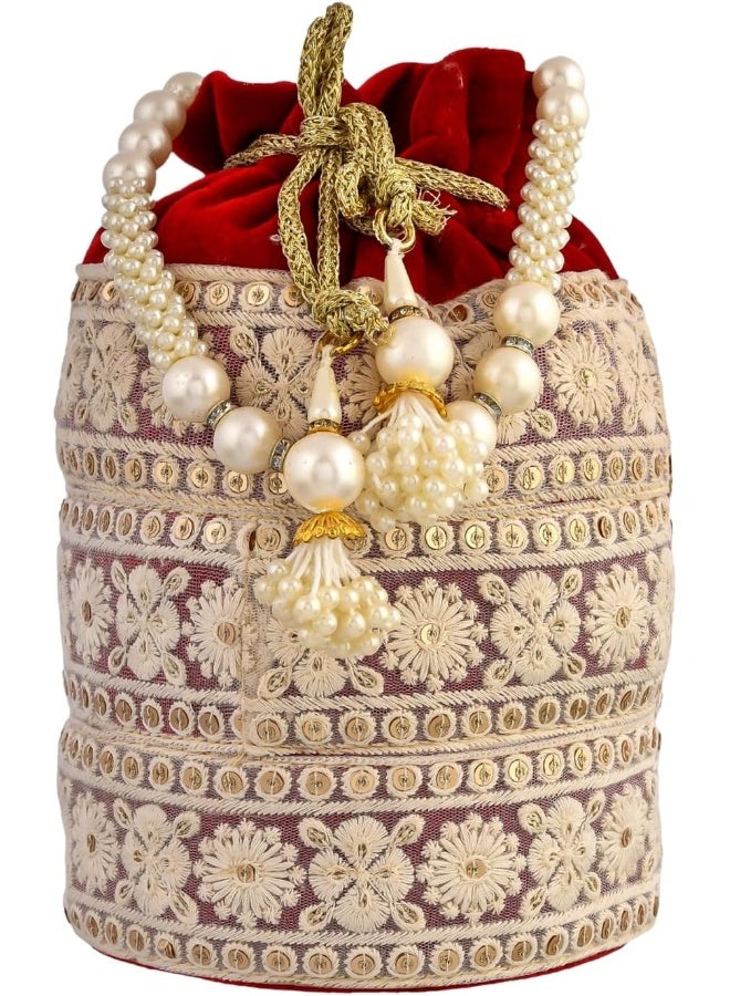 Kuber Industries Potli | Velvet Wedding Potli | Beads Handle Potli | Wallet Potli | Christmas Gift Potli | Baby Shower Potli | Embroidery Potli | Lucknowi Potli | Red - Image 4