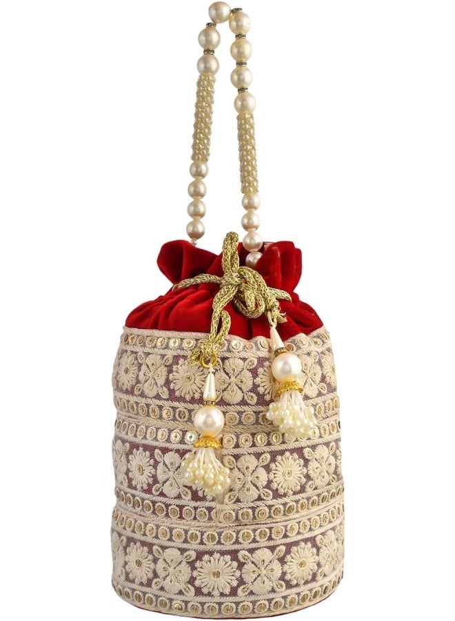 Kuber Industries Potli | Velvet Wedding Potli | Beads Handle Potli | Wallet Potli | Christmas Gift Potli | Baby Shower Potli | Embroidery Potli | Lucknowi Potli | Red - Image 2