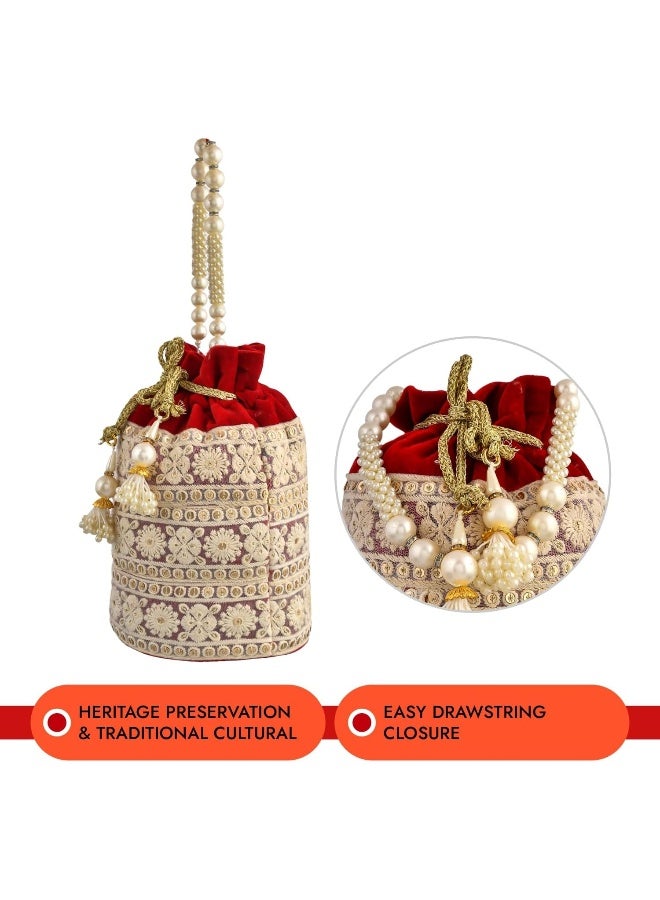 Kuber Industries Potli | Velvet Wedding Potli | Beads Handle Potli | Wallet Potli | Christmas Gift Potli | Baby Shower Potli | Embroidery Potli | Lucknowi Potli | Red - Image 5