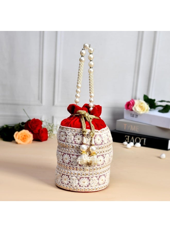 Kuber Industries Potli | Velvet Wedding Potli | Beads Handle Potli | Wallet Potli | Christmas Gift Potli | Baby Shower Potli | Embroidery Potli | Lucknowi Potli | Red - Image 1