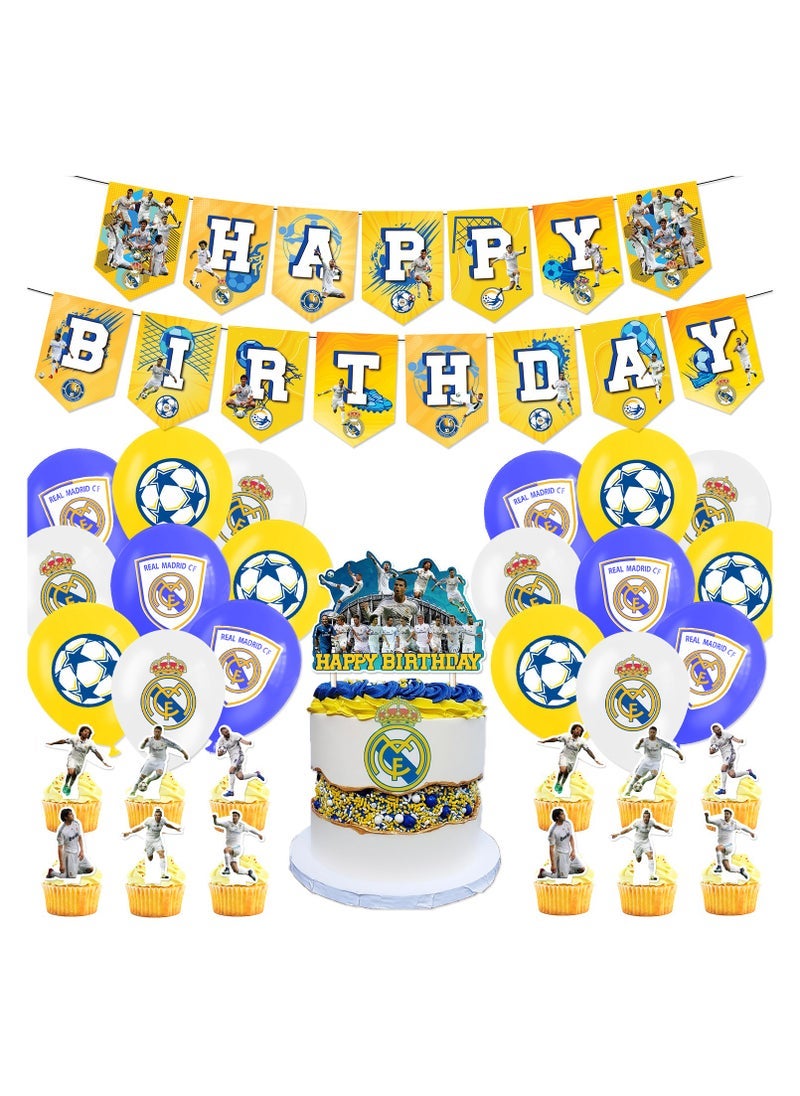 general زينة حفلة عيد ميلاد فريق ريال مدريد لكرة القدم، علم كعكة، بطاقة، زينة بالونات - Image 1