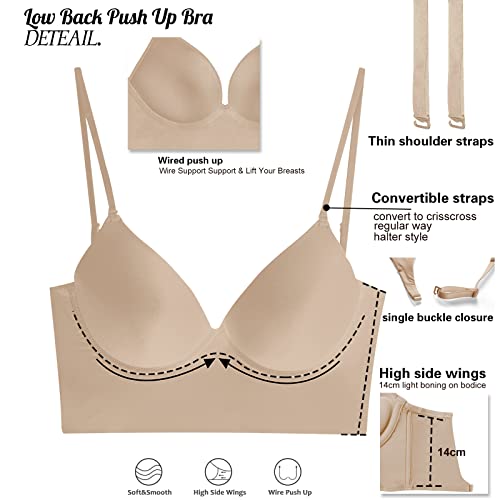ForBaysy Low Back Bras for Women Push Up Deep V Neck Backless Bra,Low Cut Multiway Convertible Bra Wire Lifting Bralette Tan - Image 4