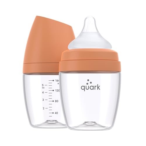 Quark BuubiBottle Mini Slow Flow Bottle for Newborn Babies by Quark with AntiColic RealFeel Nipple to Simulate Breastfeeding BPAFree PVCFree ToxinFree 5 Oz Bottle with Lid 2 Pack Orange - Image 1