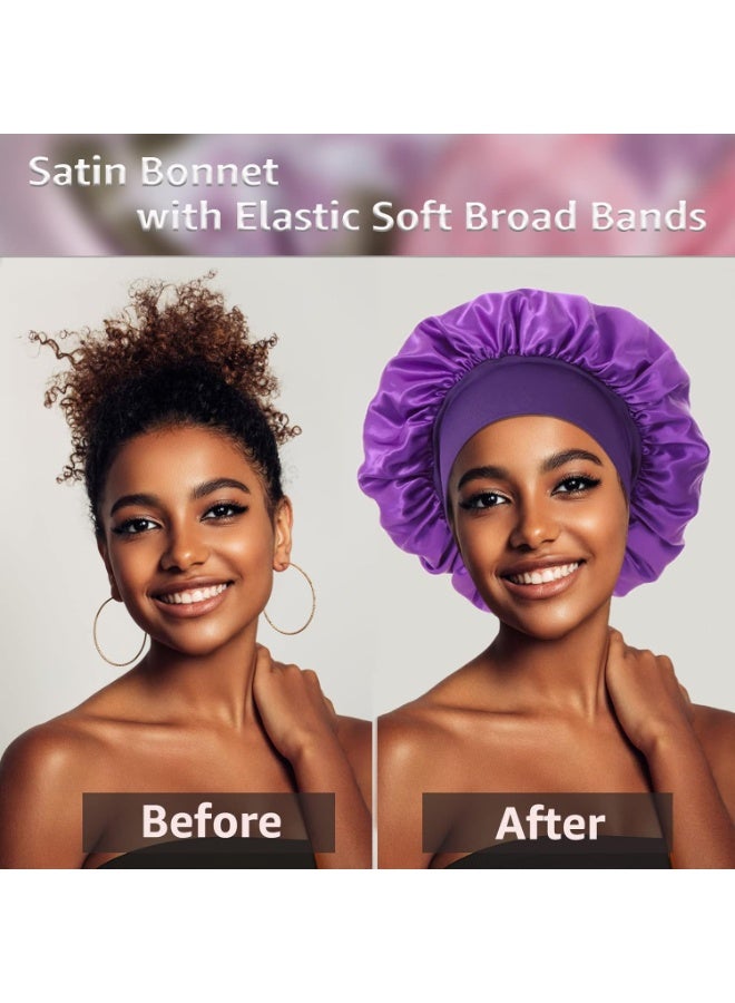 4PCS Satin Bonnet, Bonnets for Women, Silk Hair Bonnet for Sleeping, Wide Band Sleep Cap for Curly Hair Braids - Image 3