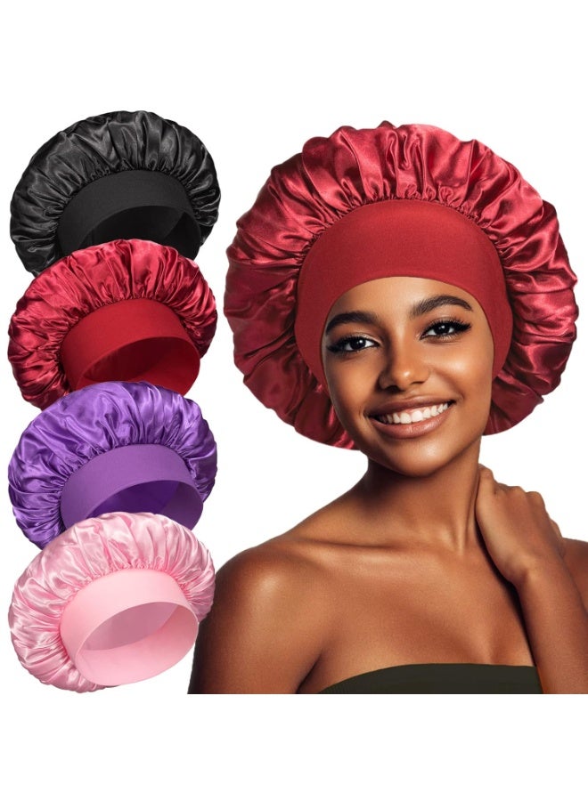 4PCS Satin Bonnet, Bonnets for Women, Silk Hair Bonnet for Sleeping, Wide Band Sleep Cap for Curly Hair Braids - Image 1