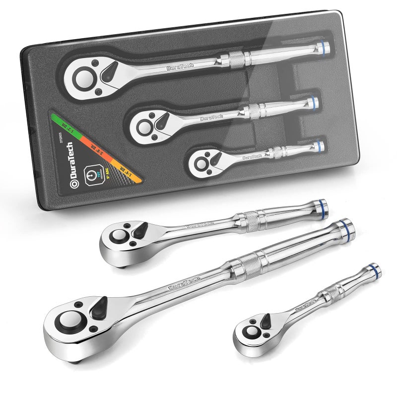 DURATECH 3Piece Ratchet Set 14 38 12 72Tooth with QuickRelease Reversible Design Chrome Alloy Made Fully Polished Organized in Storage Case - Image 2