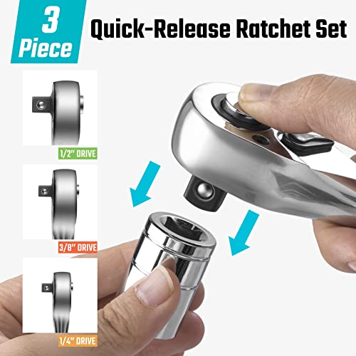 DURATECH 3Piece Ratchet Set 14 38 12 72Tooth with QuickRelease Reversible Design Chrome Alloy Made Fully Polished Organized in Storage Case - Image 3