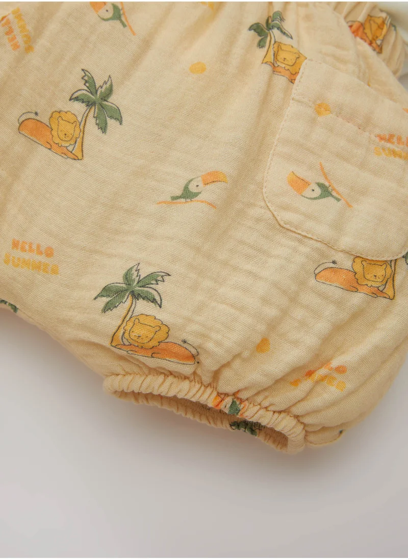 DeFacto Palm Tree Printed Romper Short Sleeve T-Shirt Hat Muslin 3-Piece Set