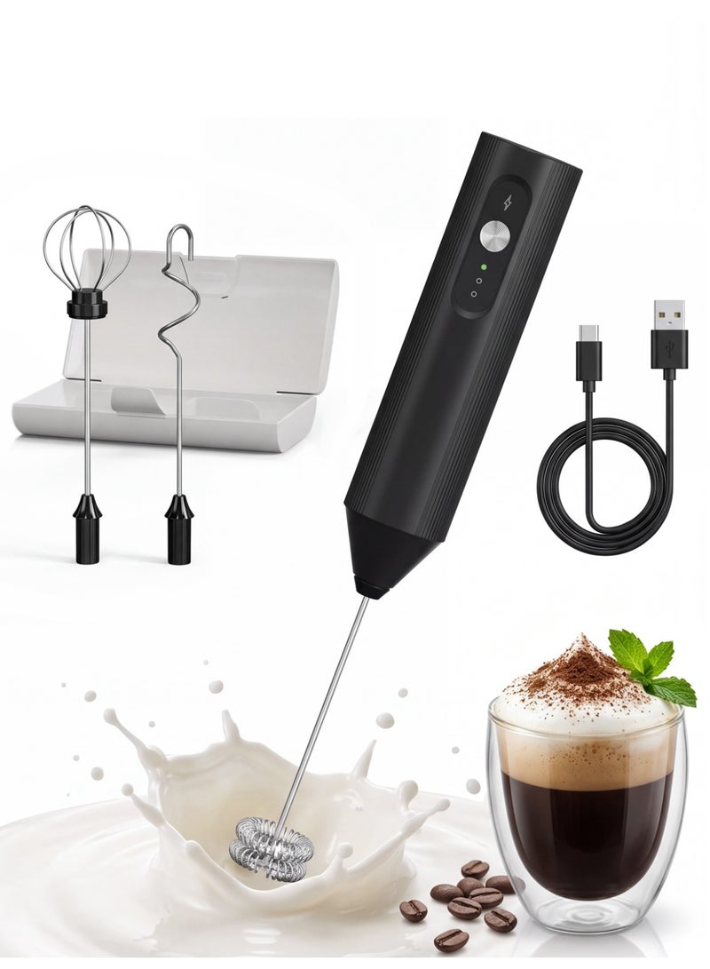 DSP 3-Speed Electric Milk Frother Set, USB Rechargeable, Interchangeable Whisks for Frothing/Beating/Blending, Low Noise 30dB with Storage Box Ideal for Coffee Lattes Cappuccinos and Baking - Image 1