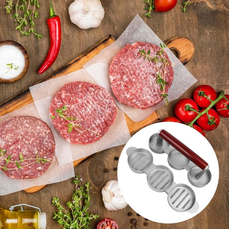 3-Grid Burger Patty Press Mold, Aluminum Alloy, Wooden Handle, Non-Stick, 100 Paper Liners for Fast and Easy Homemade Burger Preparation - Image 3