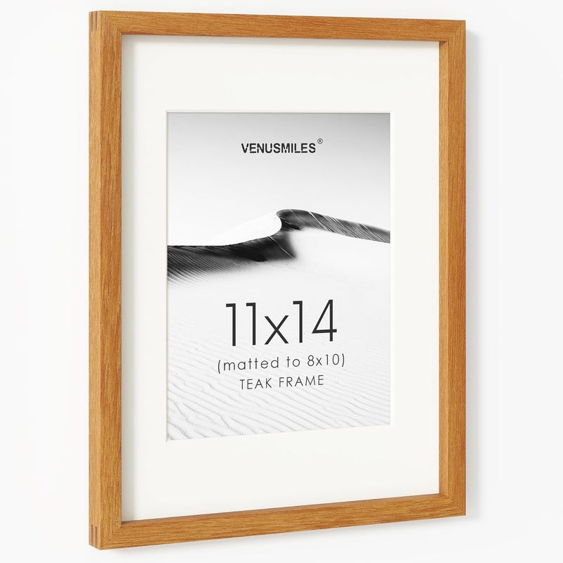 Venusmiles إطار صور 11x14 بوصة، خشب تيك طبيعي من الولايات المتحدة، إطار صور مجمّع مع زجاج مقسّى عالي الوضوح، إطار خشبي بسيط حديث 11x14 مع حافة داخلية مقاس 8x10، تعليق عمودي وأفقي على الحائط - Image 1