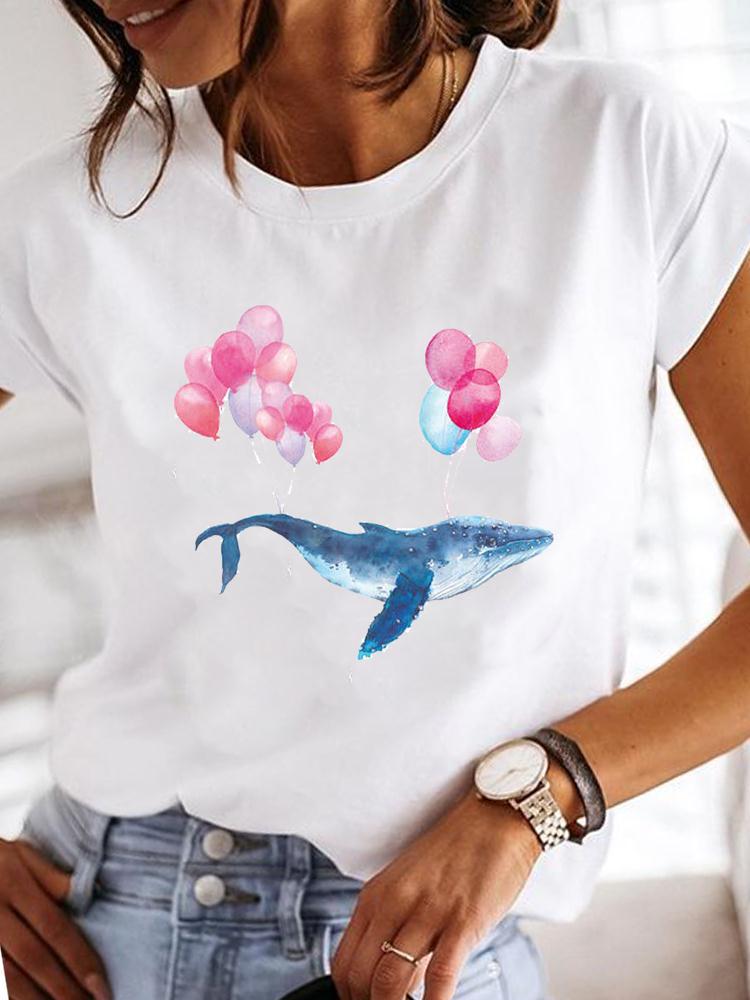 Street Life Pattern Round Neck Printed White T-Shirt Short Sleeve Women'S Wish/ - Image 1