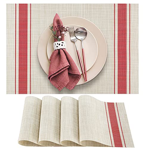 DACHUI Placemats Set of 4 Soft  Elegant Woven Vinyl Place Mats Water Resistant Heat Resistant Washable Durable Table Mats Red Stripes