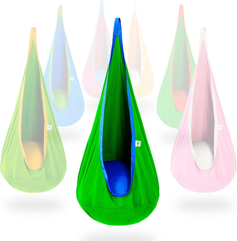 OUTREE Kids Pod Swing Seat, Cotton Child Hammock Swing Chair, Sensory Swing for Indoor and Outdoor Use, Green and Blue - Image 1