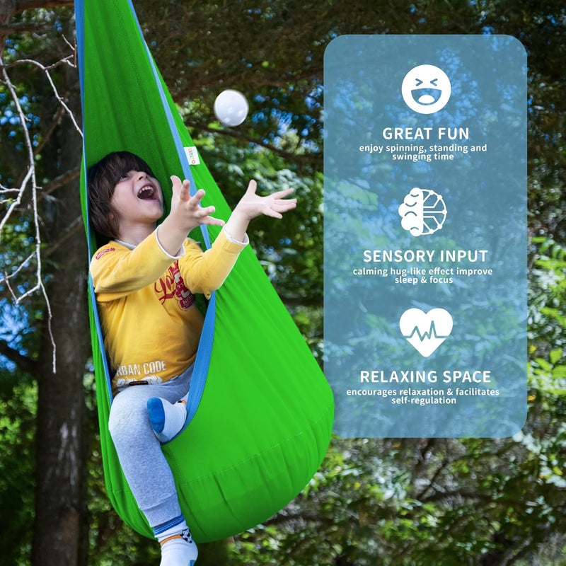 OUTREE Kids Pod Swing Seat, Cotton Child Hammock Swing Chair, Sensory Swing for Indoor and Outdoor Use, Green and Blue - Image 3