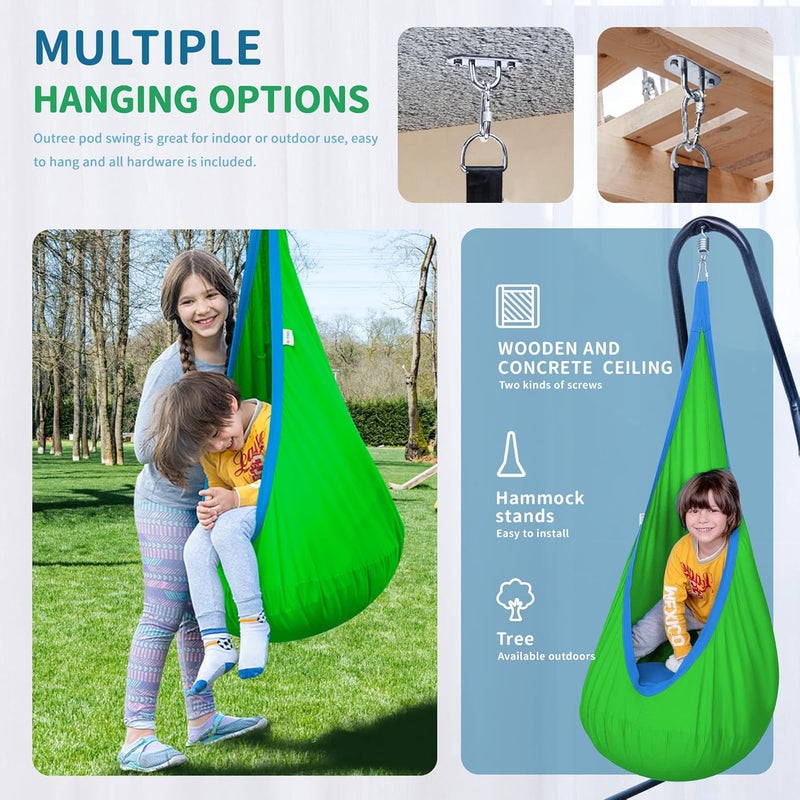 OUTREE Kids Pod Swing Seat, Cotton Child Hammock Swing Chair, Sensory Swing for Indoor and Outdoor Use, Green and Blue - Image 2