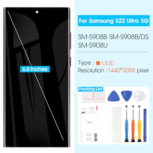 ARSSLY OLED Screen Replacement for Samsung Galaxy S22 Ultra 5G S908 - LCD Display for Samsung S22 Ultra Digitizer SM-S908 SM-S908U SM-S908N Touch Screen Assembly with Tools(Black with Frame) - Image 3