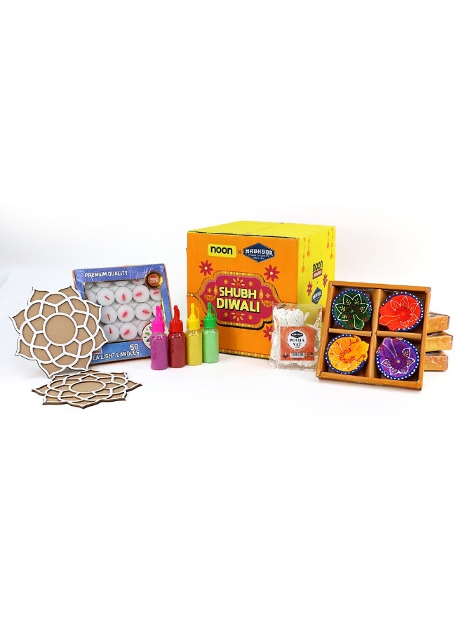Madhoor Diwali Essentials Kit - Set includes 16 Diyas, 50 pieces Premium Tealight Candles, 2 Rangoli Stencils, 4 Rangoli Colors & 40 pieces Cotton Vat Long - Image 1